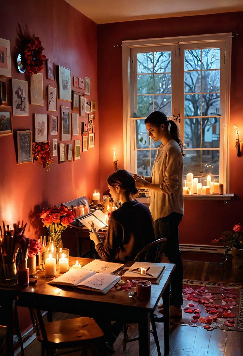 An enchanting scene depicting a cozy, candle-lit art studio filled with vibrant, romantic illustrations adorning the walls. Soft textures and warm colors create an inviting atmosphere, with a couple engaged in intimate conversation over a canvas. Surround them with paintbrushes, open sketchbooks, and scattered rose petals, symbolizing the connection between art and romance. The lighting should evoke a dreamy, passionate ambiance. super-realistic. vibrant colors. soft focus.
